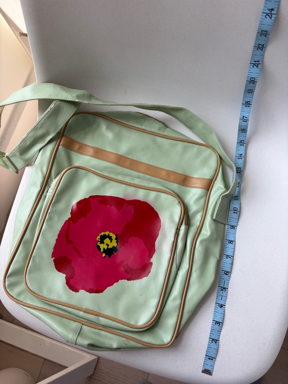 Hand Crafted Mint Green Shoulder Bag with Pink Floral Accent